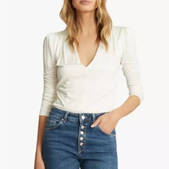 NWT Reiss Valeria Ivory V-Neck Long Sleeve Jersey Knit Bodysuit Portugal Small - Picture 1 of 12